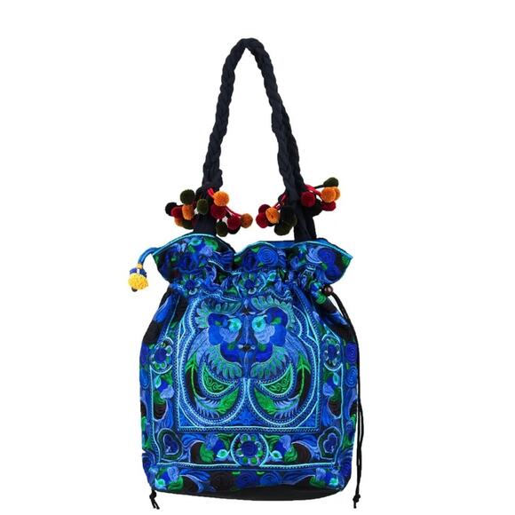 Embroidered pom pom Blue and Green Tote Bag - Picture 2 of 10